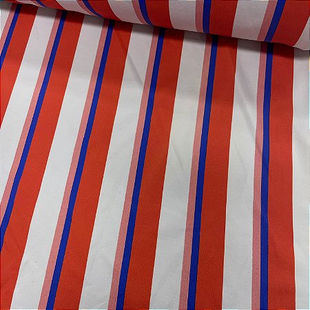 Suplex Estampado de Poliamida Santa Constância Fundo Branco com Listra Azul Royal com Laranja