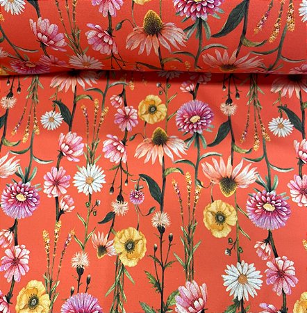 Suplex Estampado de Poligamia Santa Constância Fundo Laranja com Flores Amarela, Rosa e Branco