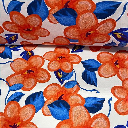 Suplex Estampado de Poliamida Santa Constância Fundo Branco com Flores Laranja com Folha Azul Royal