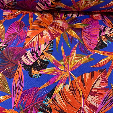 Suplex Estampado de Poliamida Santa Constância Fundo Azul com Folhas Laranja,Fúscia,Amarelo