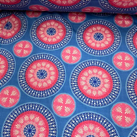 Suplex Estampado de Poliamida Santa Constância Fundo Azul com Mandalas Rosa Pink