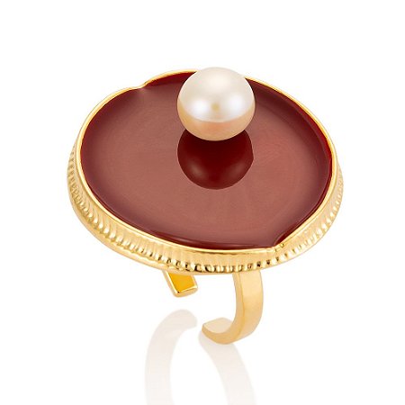 Anel Vitória 444 Ouro Resinado Vermelho com Pérola Shell