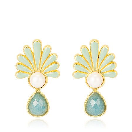 Brinco Leslie 1098 Ouro Resina Shell Quartzo Azul