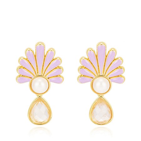 Brinco Leslie 1098 Ouro Resina Shell Quartzo Rosa