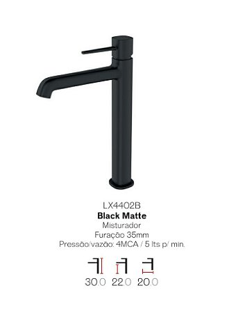 Misturador monocomando Black Matte  bica alta para lavatório LX4402B - Lexxa