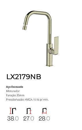 Misturador monocomando Bica móvel para Cozinha Aço Escovado LX2179NB - Lexxa