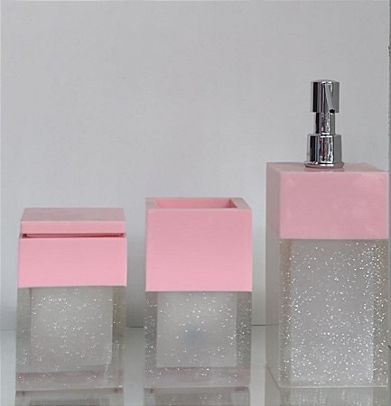 Conjunto de Potes 03 peças em Resina para Banheiro Duo Rosa e Transparente Brilhante