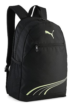 Mochila Puma com logo FUNDAMENTAL, preta e verde limão.