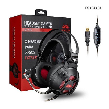 Fone Gamer Led USB Super Bass 7.1 Sound com Vibração Extreme para PC PS3 PS4 Knup KP446