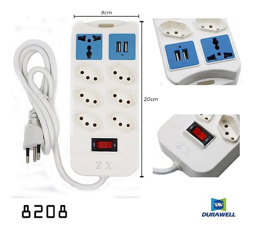 Extensão Elétrica 7 Tomadas Régua Bivolt C/ 2 Usb Cabo 1,8m