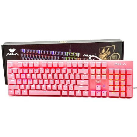 Teclado Gamer Mecânico original Cor Rosa c/fio LED RGB SWITCH AZUL AULA S2022