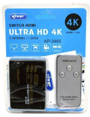 Switch HDMI 4 Portas 4K com Controle Remoto (3 Entradas x 1 Saida) Knup KP-3465