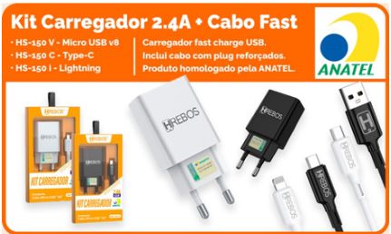 Kit Carregador USB - Fast Charge 2.4A + Cabo (HS150V /HS-150C