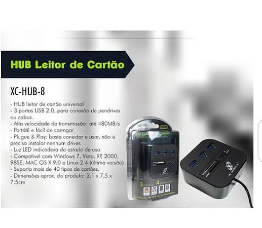 Hub USB 2.0 com 3 portas E Leitor De Cartão Universal XCELL XC-HUB-8
