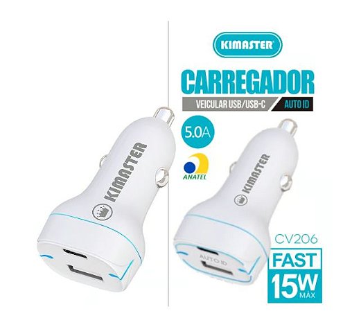 Carregador Veicular Kimaster CV206 USB + USB C