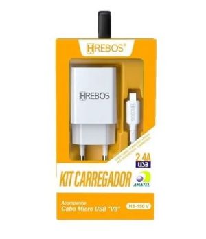 Kit carregador rápido USB 2.4A + cabo turbo V8 HS-150V Hrebos