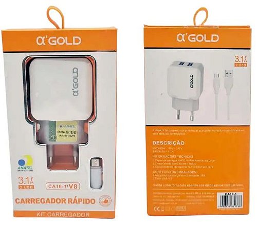 Carregador Lighting A`Gold Ca16-2 IOS 2X Usb Turbo 3.1A Bivolt