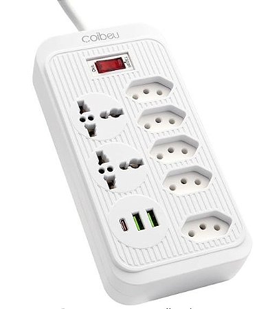 Filtro de Linha, Extensão Tomada, Régua Tomada, Régua de Energia, 5 Tomadas, 2 Interfaces USB, 1 Porta USB Tipo-C, 2 Tom
