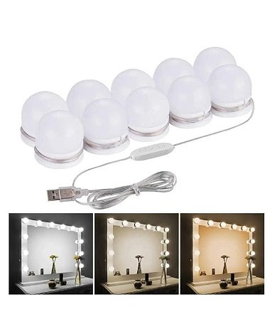 Luz De Espelho Camarim Maquiagem Led 3 Tons Branco Kit 10 BM-A358