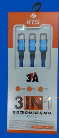 Cabo 3 em 1 V8 Tipo C e iPhone 1,2 metros KTS C-112