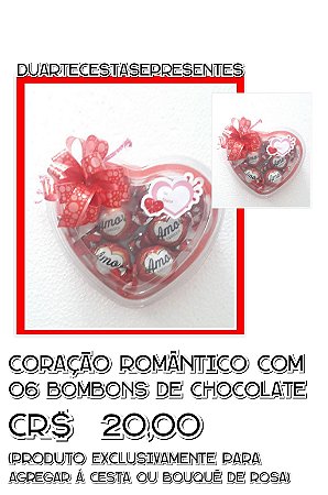 Coração Romântico com 06 bombons de Chocolate