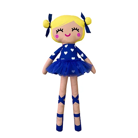 Boneca de Pano Articulada Bailarina Valentina Azul Corações - GG