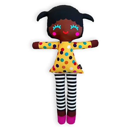 Boneca de Pano Articulada Gigi Negra Poá Coloridos Amarelo - GG