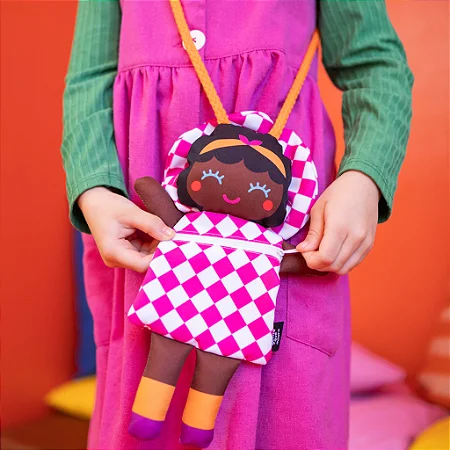 Bolsinha Infantil Boneca Negra Xadrez Pink