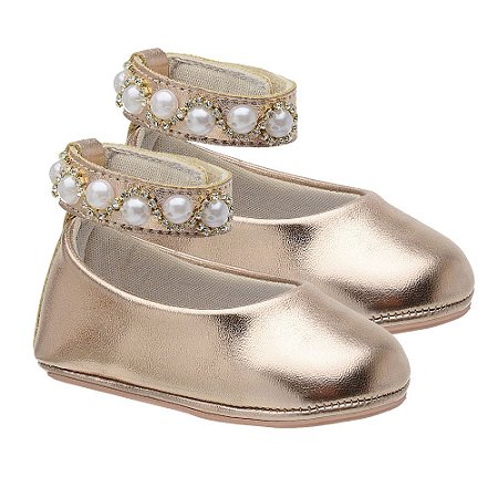 Sapatilha Boneca Infantil Litlle Cute Bronze com Tornozeleira em Strass