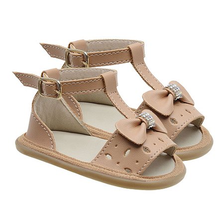 Sandália Infantil Little Cute com Laço em Strass e Tornozeleira Caramelo