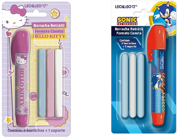Caneta borracha retrátil Sonic - Hello Kitty -  04 peças Leo e Leo