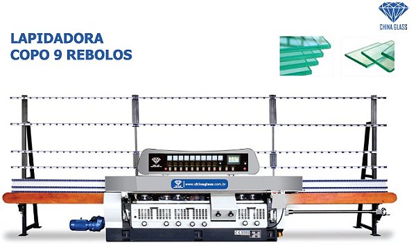 Lapidadora de Vidro Copo 9 rebolos c/ ajuste cavalete e Display Digital para abrir e fechar o bloco, caregangens INOX - 380v 60hz.