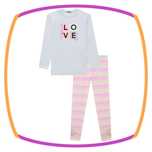 Pijama infantil meia malha LOVE e calça legging em malha comfy listrada