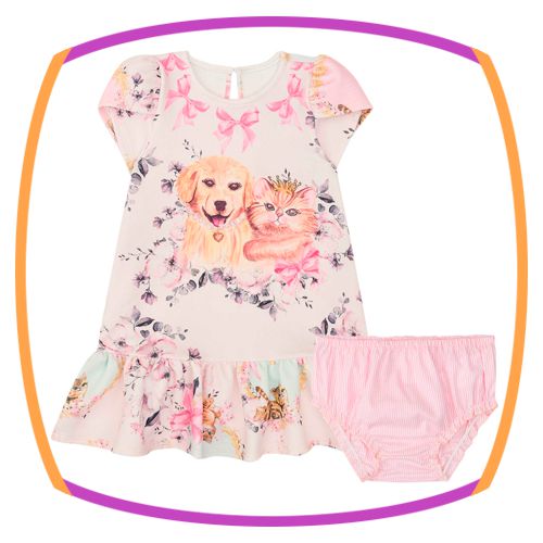 Vestido para bebê em Malha Crepe estampa cachorro e gato e calcinha em tricoline