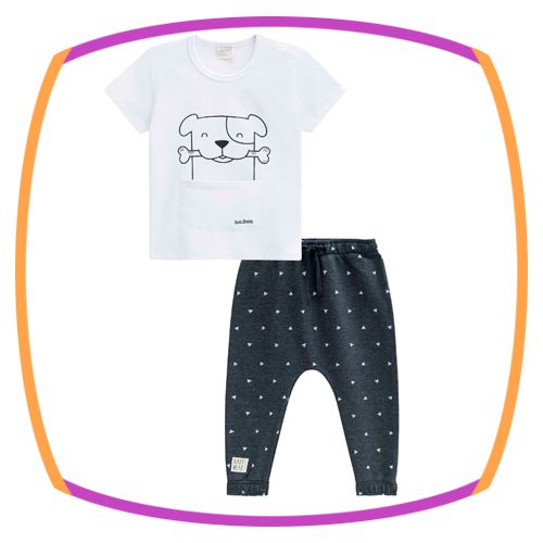 Conjunto para bebê Camiseta meia malha estampa cachorro e calça em moleton