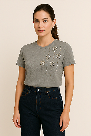 Blusa Feminina Mescla Bordada Frente Com Strass Viscolycra