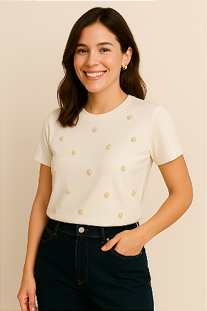 Blusa Feminina Off White Bordada Frente Com Pérolas Flor Viscolycra