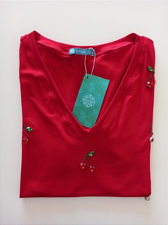 Blusa Feminina Bordada Cereja Viscolycra