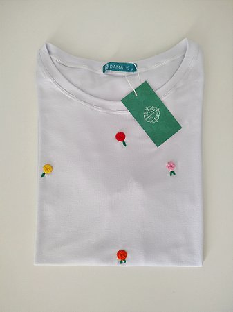 Blusa Feminina Branca Bordado Rosas Handmade Viscolycra