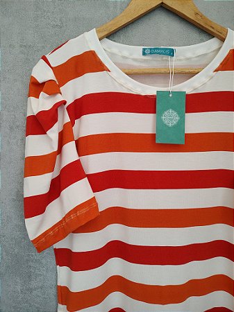 Blusa Feminina Listra Laranja Manga Com Prega Viscolycra