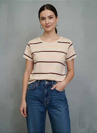 Blusa Feminina Maria Listra Marrom E Off White Viscolycra