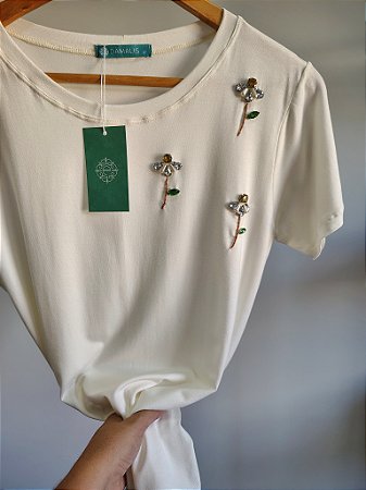 Blusa Feminina Off White Bordada Flores Strass Viscolycra