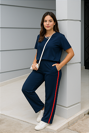 Conjunto Moletinho de Algodão Azul Marinho Com Faixa Vermelha