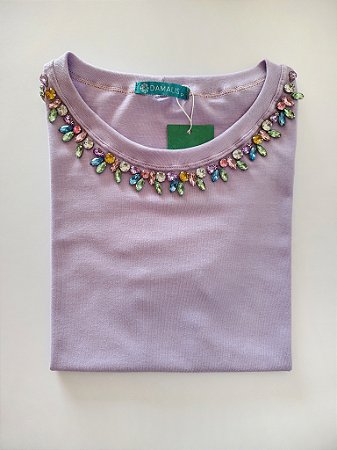 Blusa Feminina Algodão Lilás Com Bordado De Strass Na Gola
