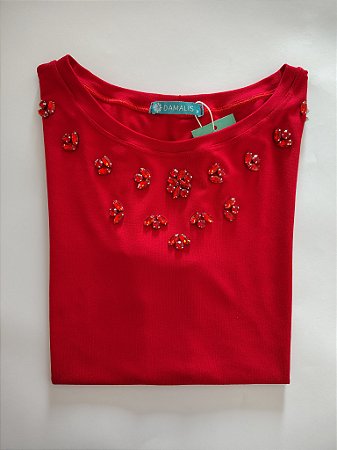 Blusa Feminina Vermelha Com Bordado Em Pedraria Vermelha Viscolycra