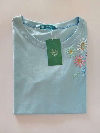 Blusa Feminina Algodão Azul Com Bordado Livre