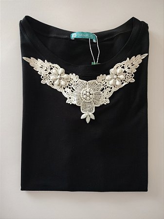 Blusa Feminina Preta Com Aplique Bordado Viscolycra