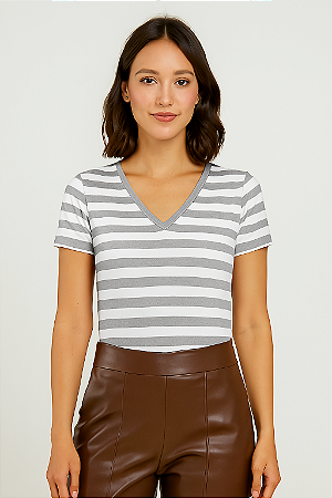 Blusa Feminina Decote V Listra Mescla Viscolycra