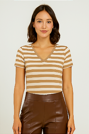 Blusa Feminina Decote V Listra Bege Viscolycra