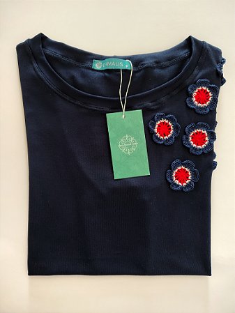 Blusa Feminina Azul Marinho Com Flores em Crochê Viscolycra